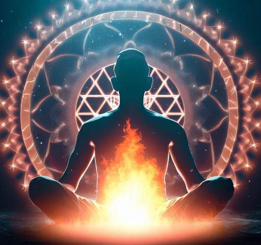 httpsbhagya.cards A person meditating in front of an Agni Yantra, surrounded by a protective aura.