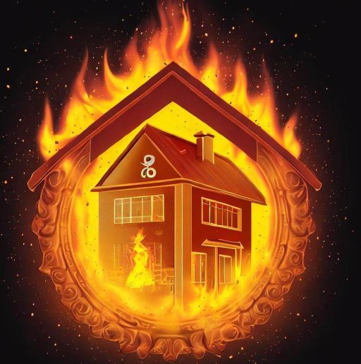 https://bhagya.cards An illustration of a home engulfed in flames being shielded by the Agni Yantra, symbolizing fire protection.